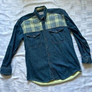 Quickflex Vintage Denim & Plaid Long Sleeve Loose Fit Button Down Top